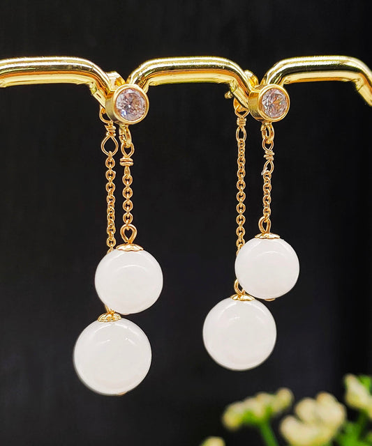 Boutique White 14k Gold Jade Zircon Tassel Drop Earrings