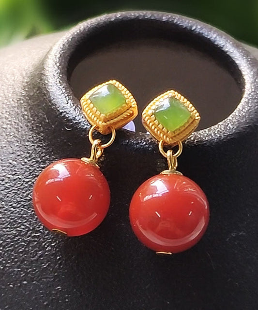 Red Sterling Silver Overgild Inlaid Agate Drop Earrings