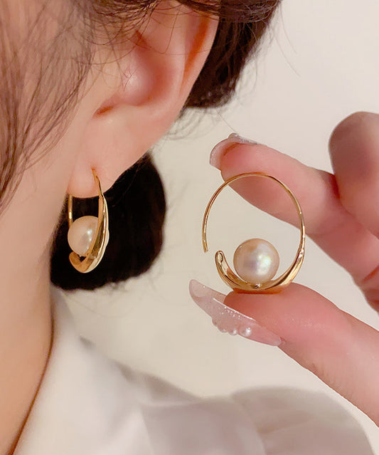 Regular Gold Copper Overgild 14k Gold Zircon Pearl Hoop Earrings