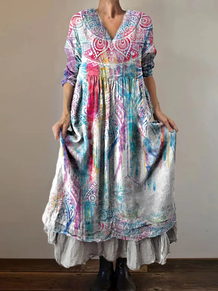 Women's Tie-Dye Mandala Art Print V-Neck Button Pocket Cotton Dress