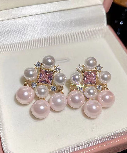 Light Pink Alloy Zircon Pearl Hollow Out Stud Earrings