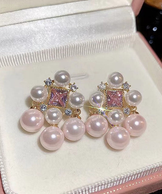 Light Pink Alloy Zircon Pearl Hollow Out Stud Earrings