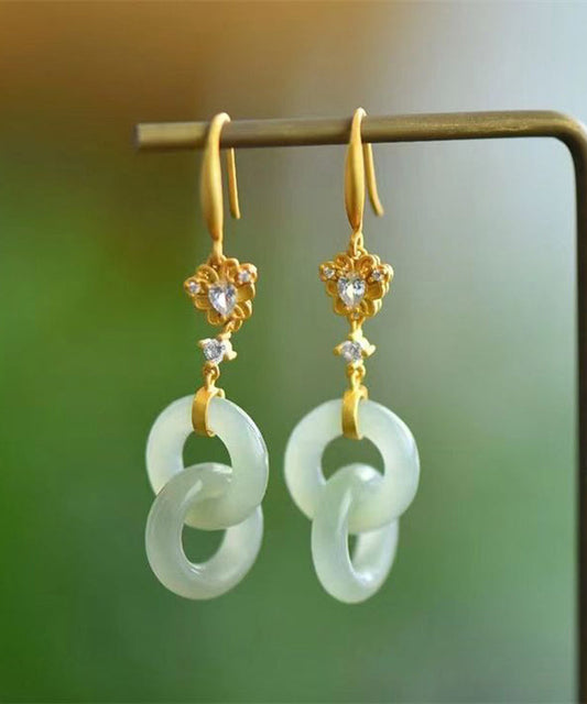 Light Green Sterling Silver Overgild Double Ring Jade Zircon Drop Earrings