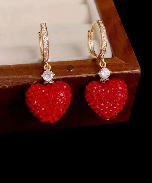 Red Alloy Inlaid Gem Stone Zircon Love Drop Earrings
