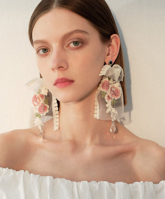 Embroidered Rose Mesh Dangle With Crystal Tasseled Pendant Earrings