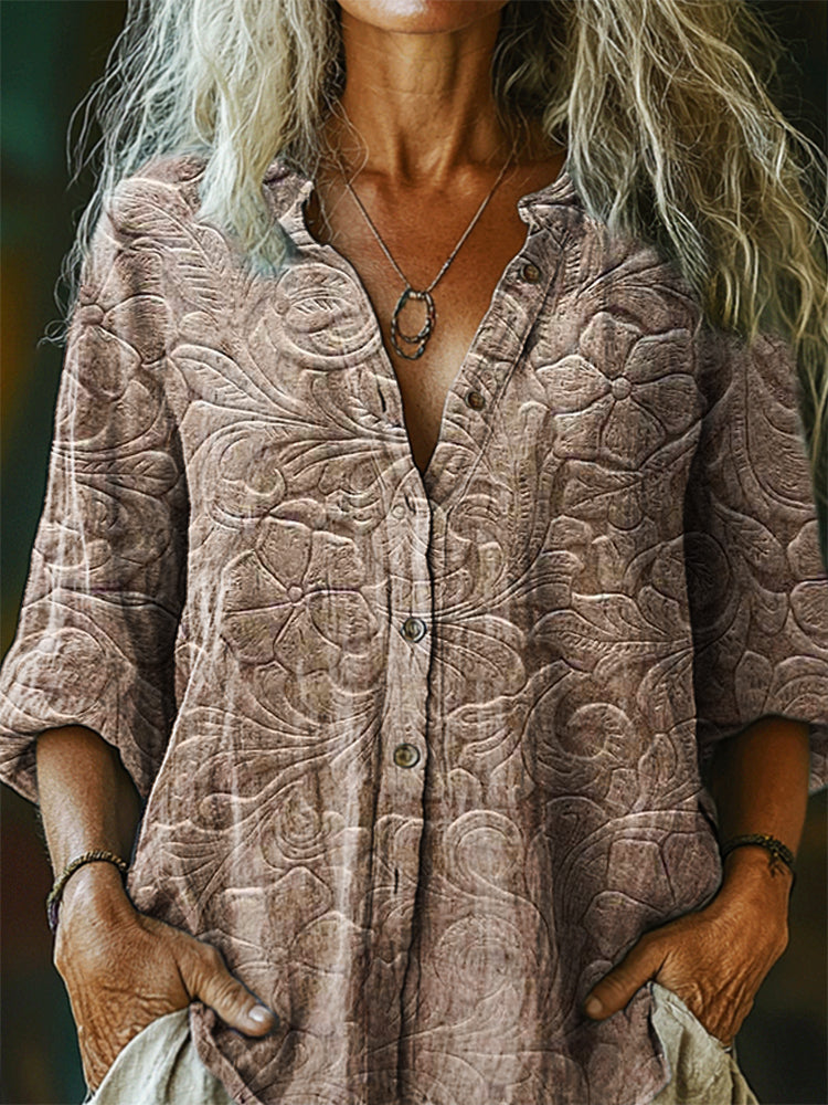 Women's Floral Pattern Art Print Casual Cotton Linen Shirt