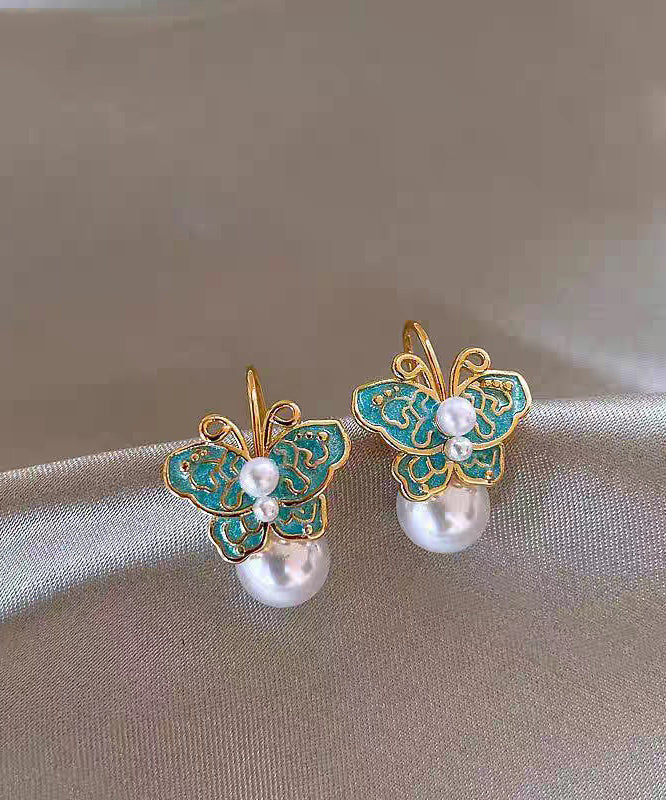 Blue Copper Alloy Enamel Butterfly Pearl Stud Earrings