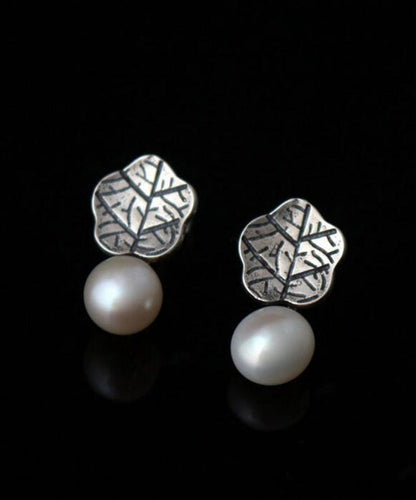Silk Sterling Silver Pearl Lotus Leaf Stud Earrings
