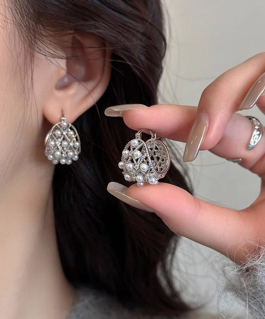 New Silk Copper Alloy Hollow Out Pearl Hoop Earrings