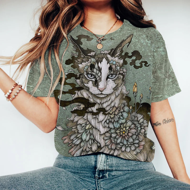 Vintage Japanese Art Cat Print Round Neck Casual T-Shirt elevenforest