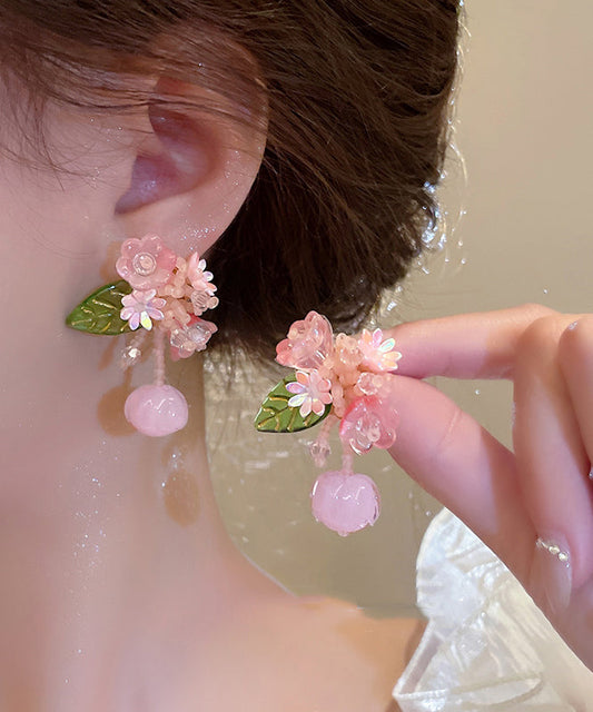 Pink Alloy Colored Glaze Beading Drop Earrings