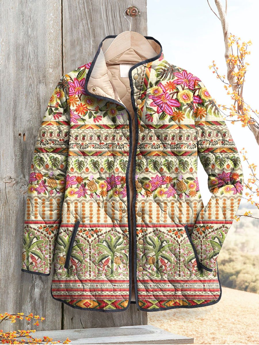 Women's Vintage Lovely Floral Art Print Casual Quilted Cardigan