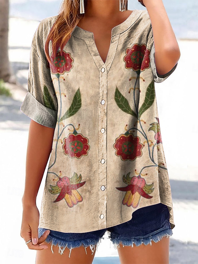 Women's Bohemian Floral Art Print Casual Cotton And Linen Shirt