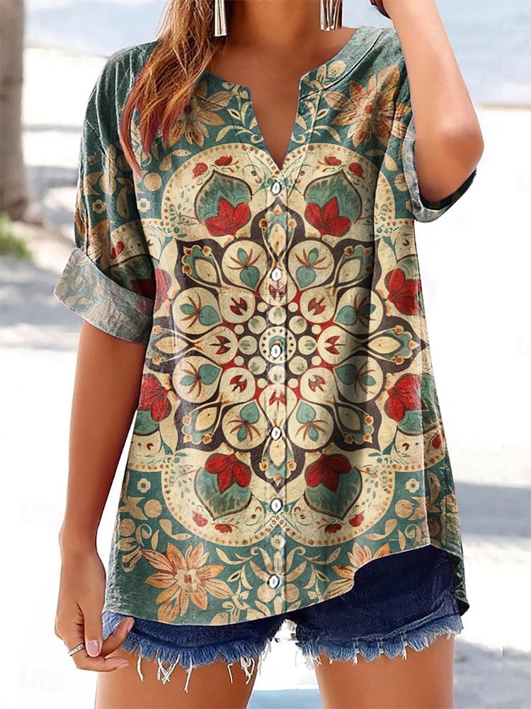 Women's Floral Pattern Art Print Cotton Linen Casual Shirt