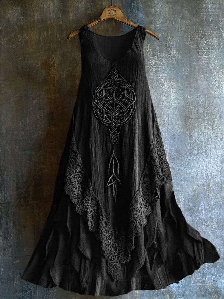 Viking Celtic Knot Lace Hem Layered Linen Tank Dress artswardrobe