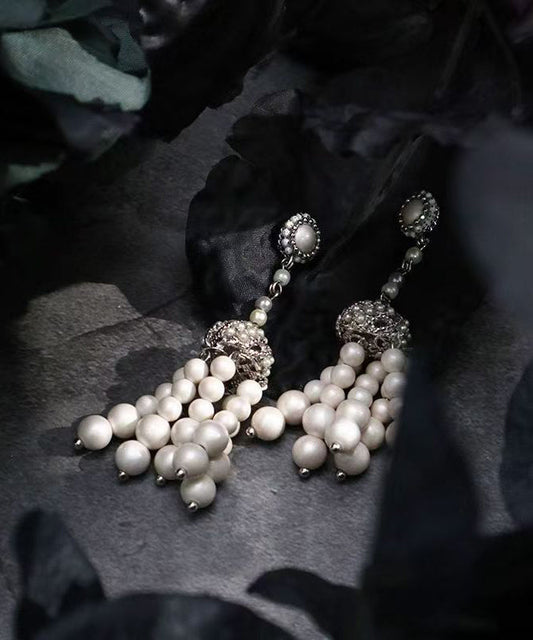 White Sterling Silver Pearl Tassel Drop Earrings