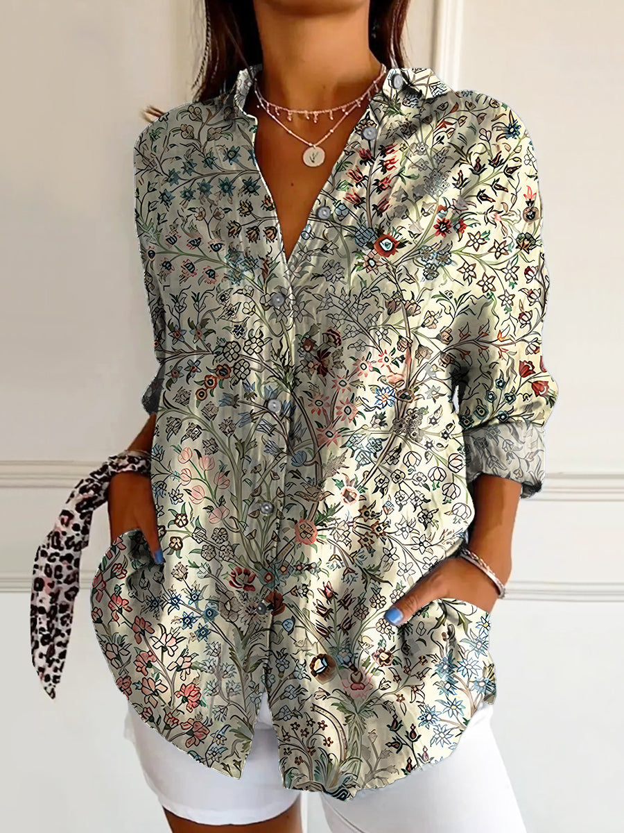 Women's Vintage Floral Art Print Casual Cotton Shirt