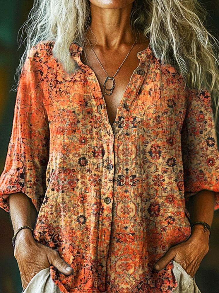 Women's Ethnic Totem Art Print Casual Cotton and Linen Shirt