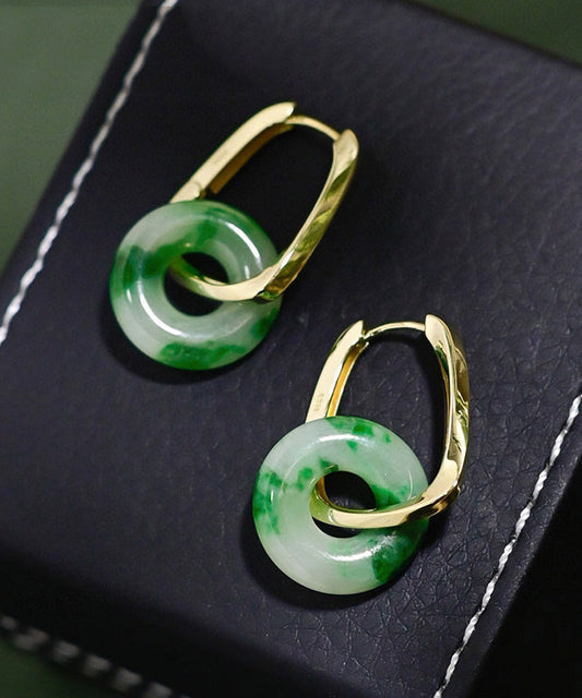 Green Sterling Silver Overgild Jade Hoop Earrings