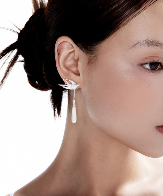 Boutique Silver Little Bird Water Droplet Silver Drop Earrings