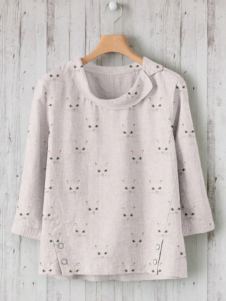 Cute Cat Face Pattern Linen Blend Cozy Tunic elevenforest