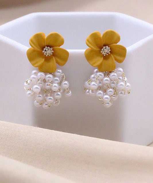 Stylish Yellow Alloy Pearl Tassel Drop Earrings
