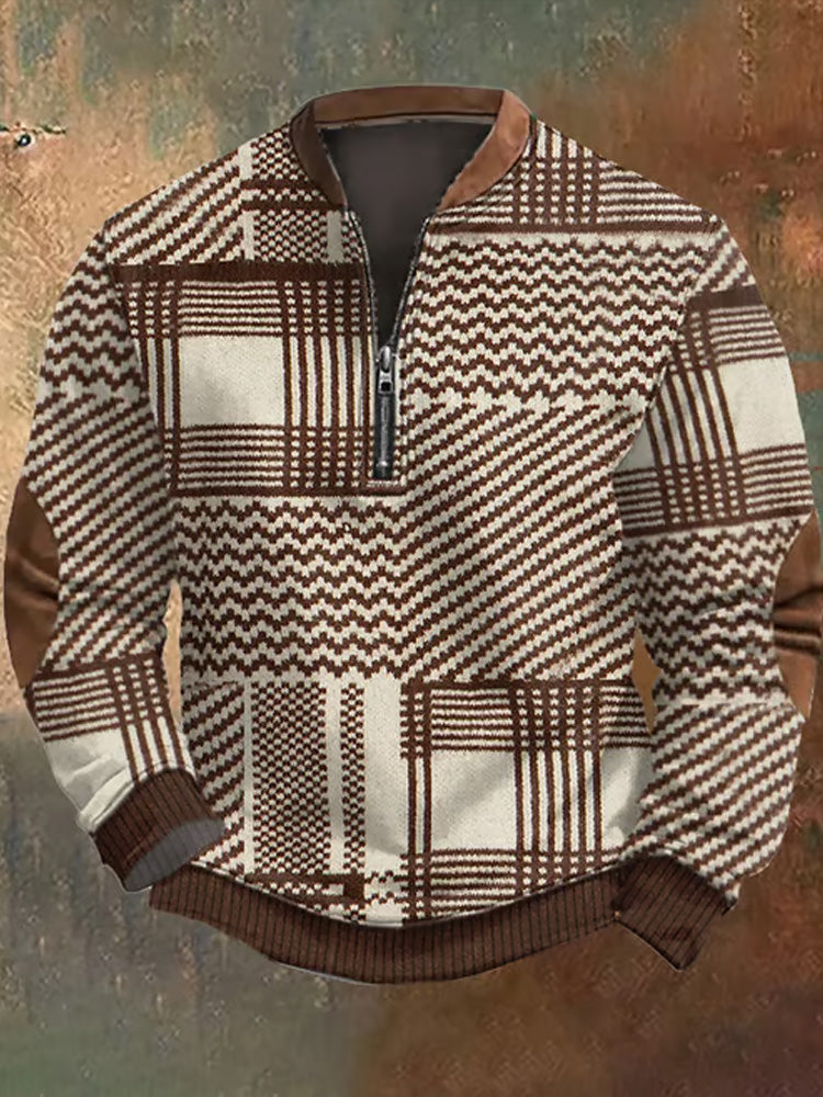 Men's Retro Western Textured Print Zip Collar Sweatshirt artswardrobe