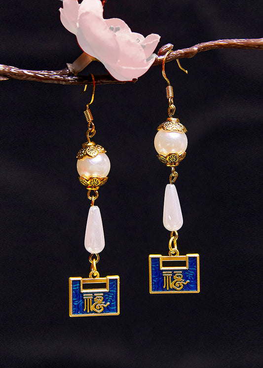 Original Design Gold Lock Water Droplet Pearl Drop Earrings