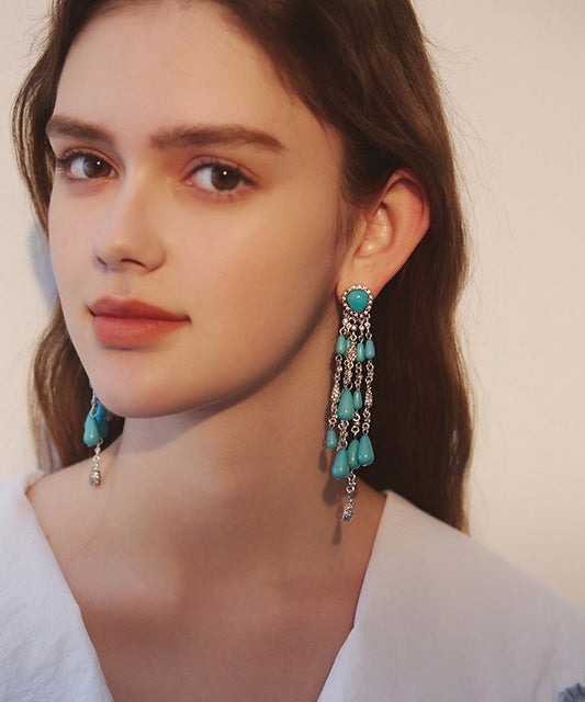Blue Zircon Water Drop Tassels Silver Plated Drop Earrings