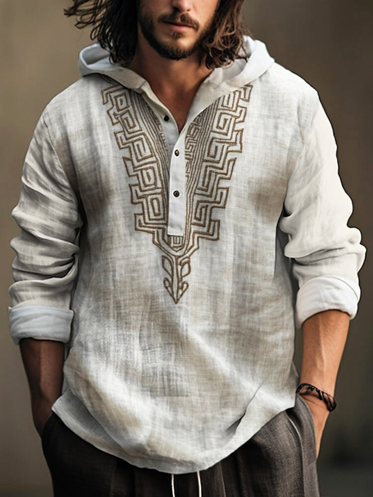 Vintage Greek Geometric Men's Hooded Linen Shirt artswardrobe