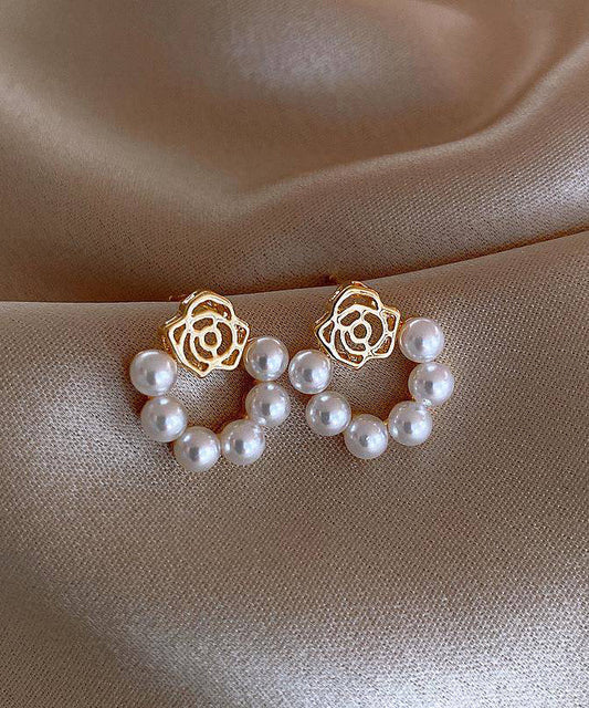 Classy White Copper Overgild Pearl Hollow Out Hoop Earrings