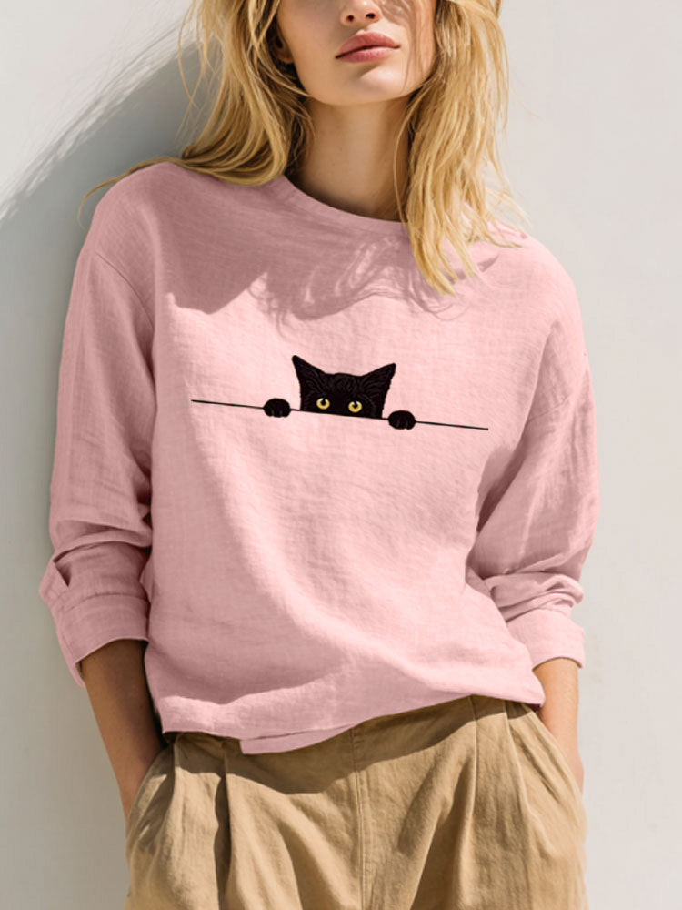 Women's Casual Funny Black Cat Print T-shirt elevenforest