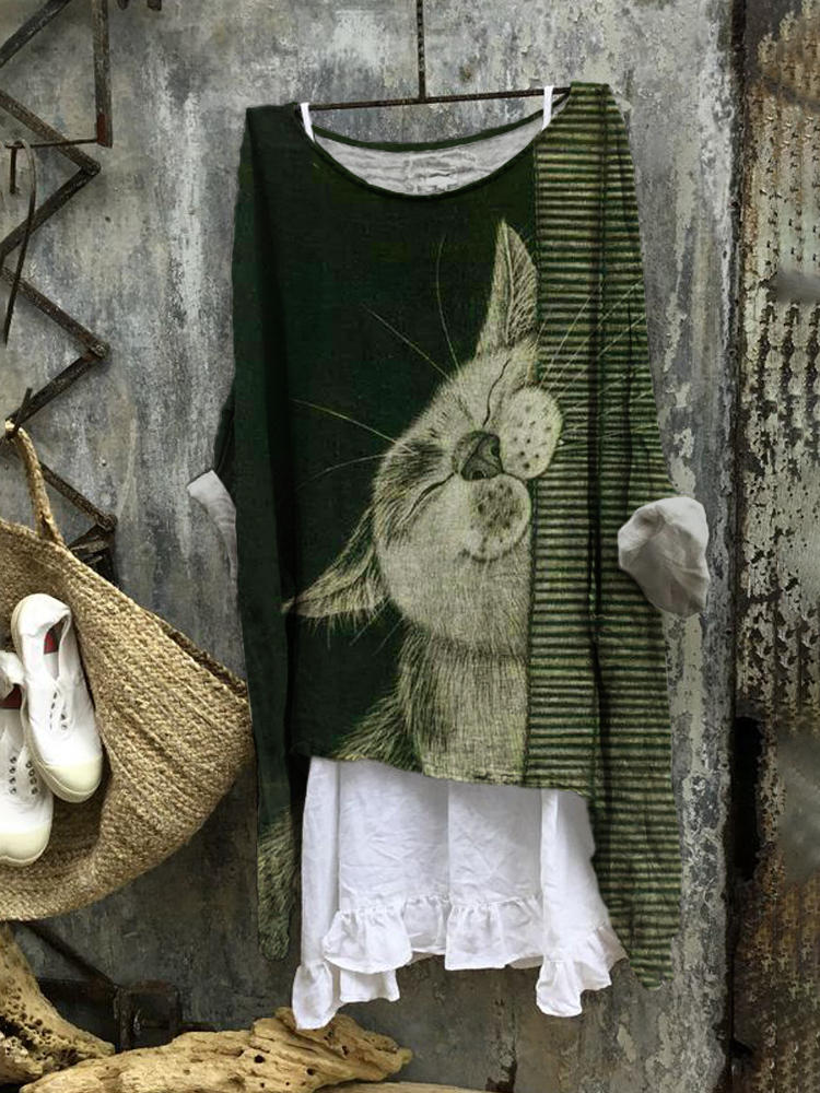 Slouchy Cat Stripe Pattern Vintage Linen Loose Long Tunic elevenforest