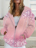 Comstylish Pink Christmas Glitter Women's Zipper Hooded Sweatshirt