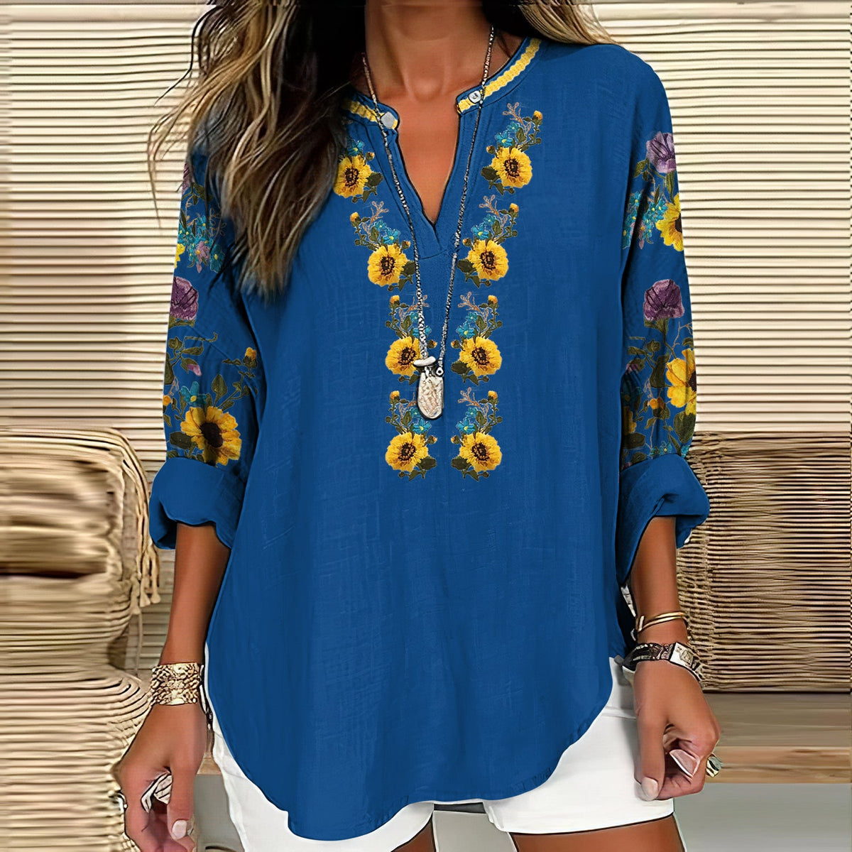 Comstylish Women's Ukraine Sunflower Art V-neck Casual Linen Blend Blouse