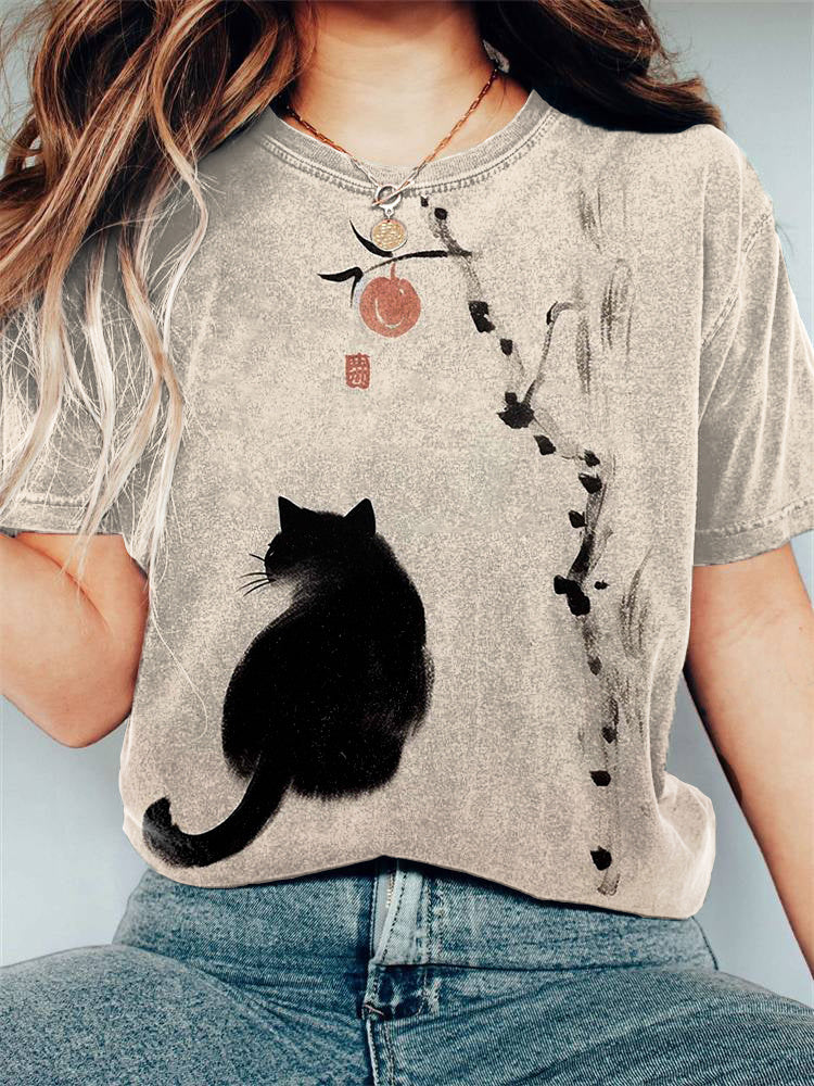 Vintage Japanese Cat Print Casual Cozy T-shirt elevenforest