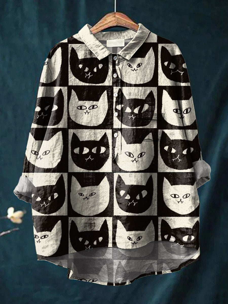 Vintage Lovely Cats Art Print Casual Cotton And Linen Shirt