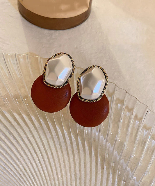 Coffee Copper Pu Pearl Geometry Stud Earrings
