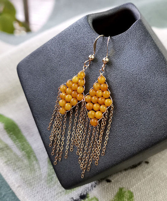 Oversize Yellow 14k Gold Amber Beeswax Tassel Drop Earrings