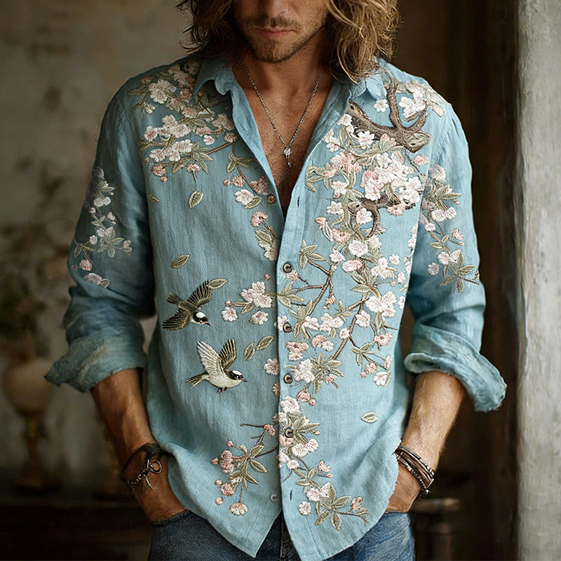 Men's Froal With Birds Embroidery Painting Art Linen Shirt elevenforest