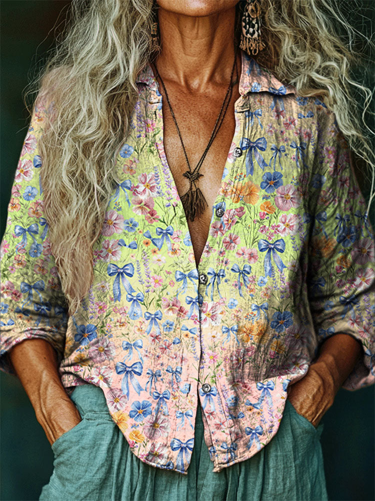 Women's Hippie Art Floral Bowknot Print V-Neck Shirt