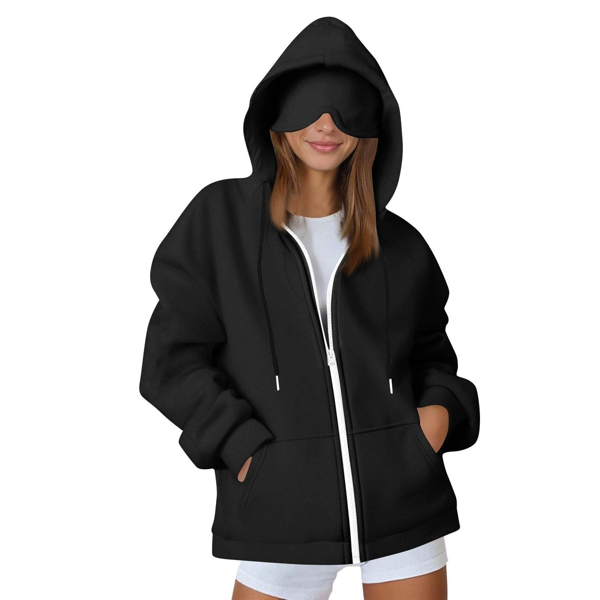 Comstylish Unisex Airplane Mode Travel Casual Cotton Blend Eye Mask Zipper Hoodie
