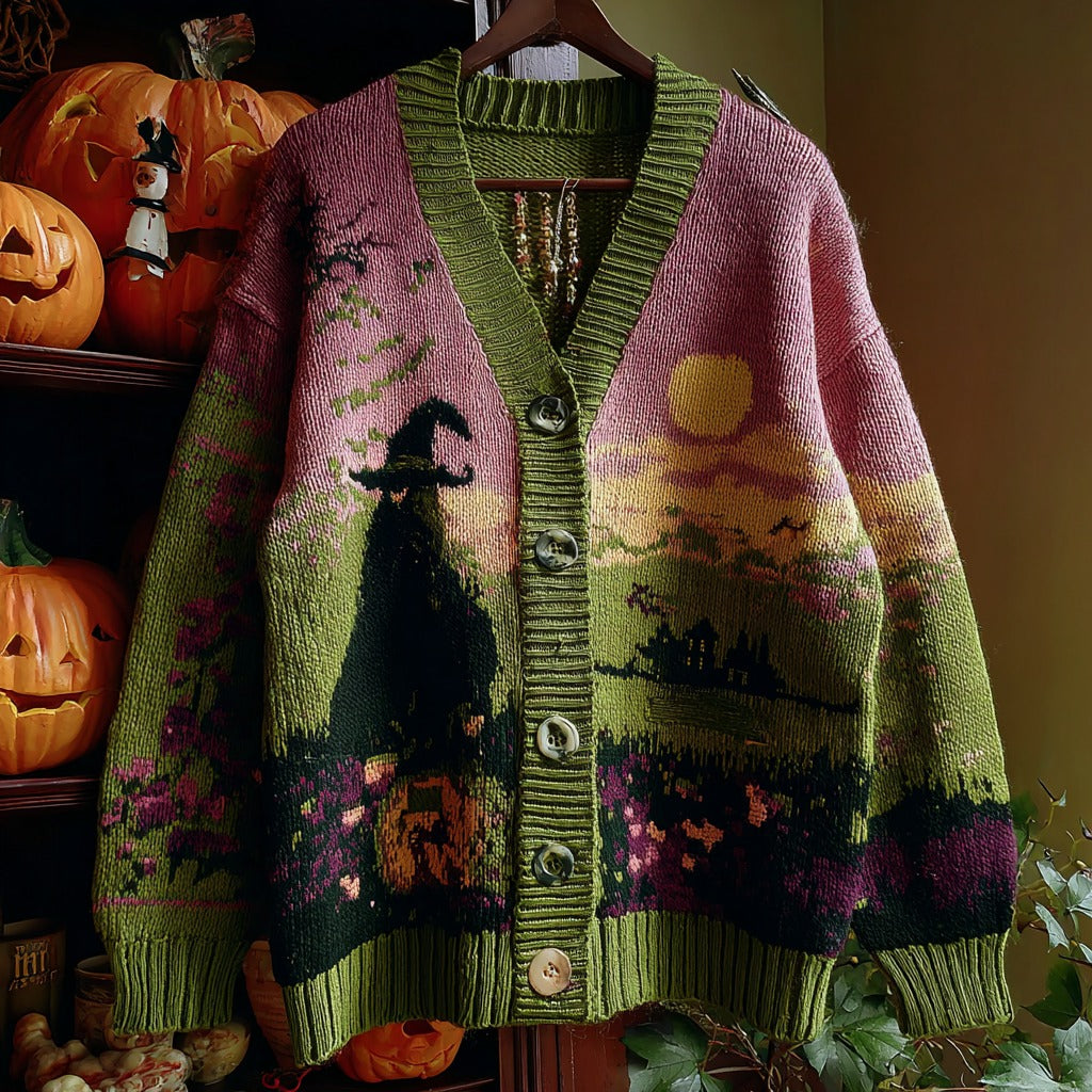 Comstylish Halloween Witch Pattern Knitted Warm Sweater Cardigan