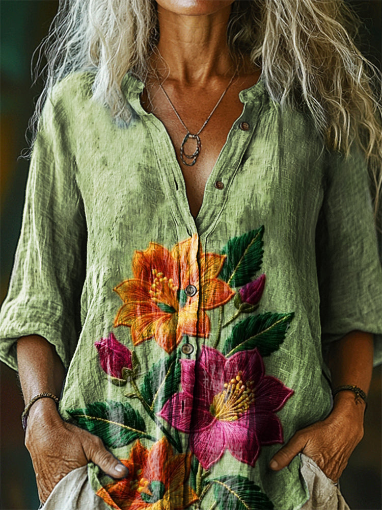 Women's Bohemian Floral Art Print Casual Cotton Linen Shirt