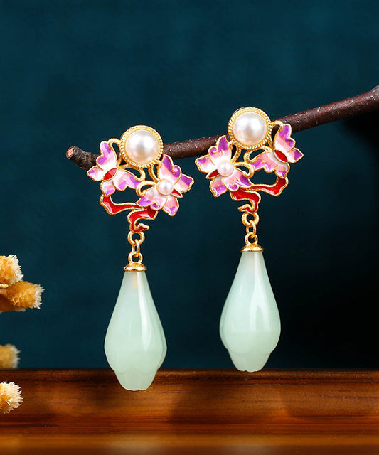 Fine Light Green Copper Overgild Pearl Jade Butterfly Drop Earrings