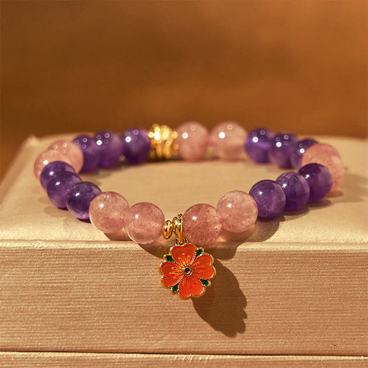 8mm Amethyst Strawberry Quartz Flower Charm Healing Bracelet