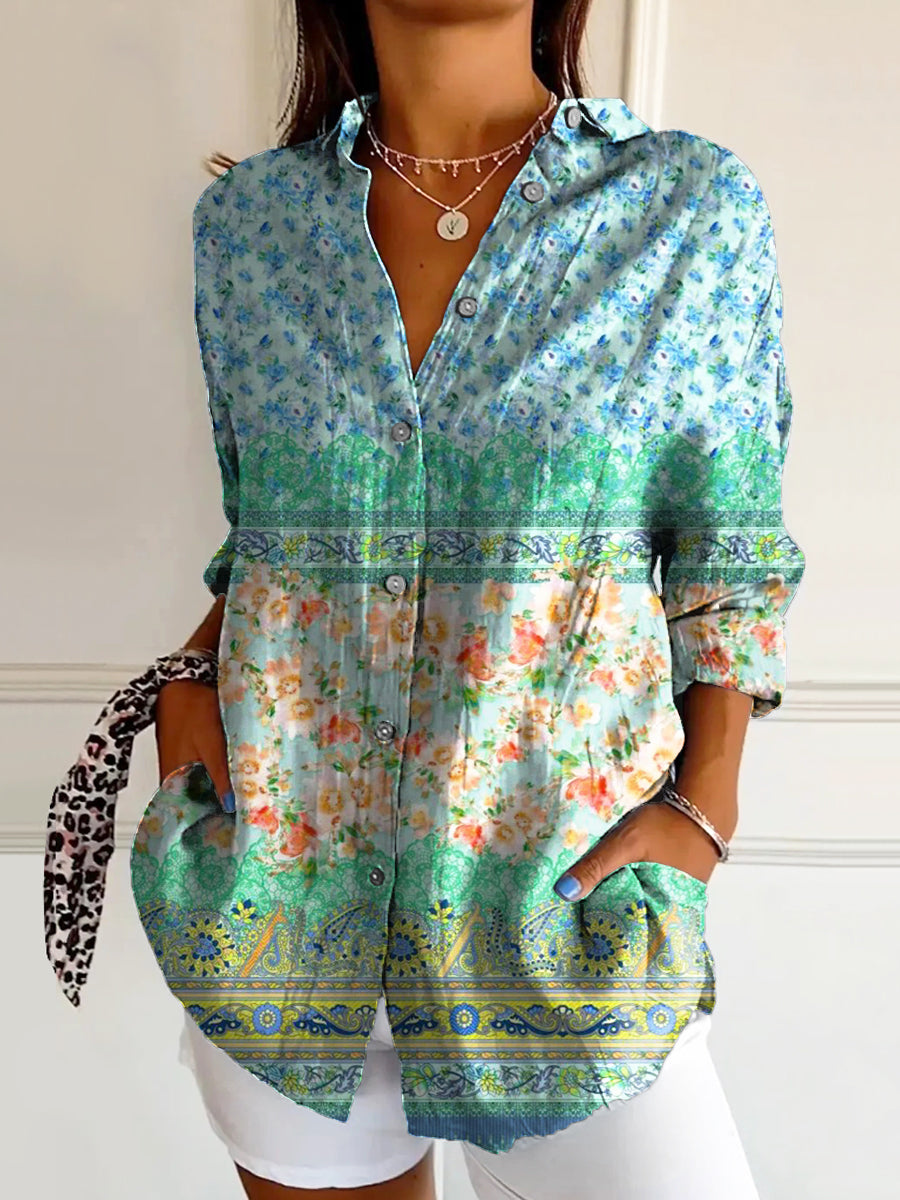Women's Vintage Floral Art Print Casual Cotton Shirt