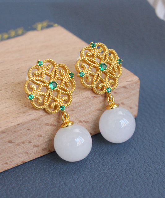 White Sterling Silver Overgild Jade Clover Hollow Out Drop Earrings