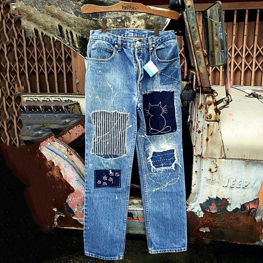 Japanese Style Sashiko Spliced ​​cat Pattern Design Jeans elevenforest