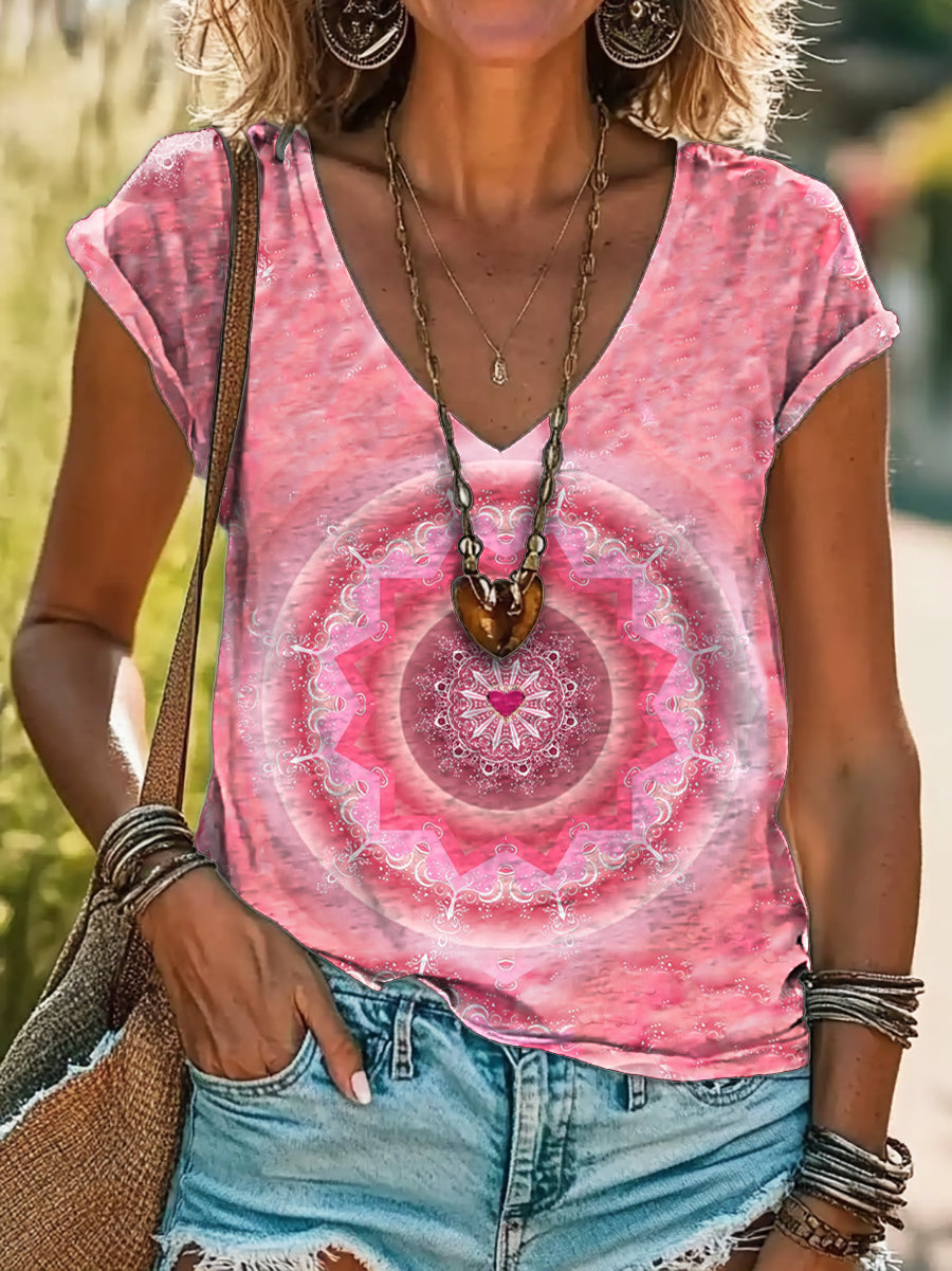 Mandala Print 100% Cotton V-neck T-shirt